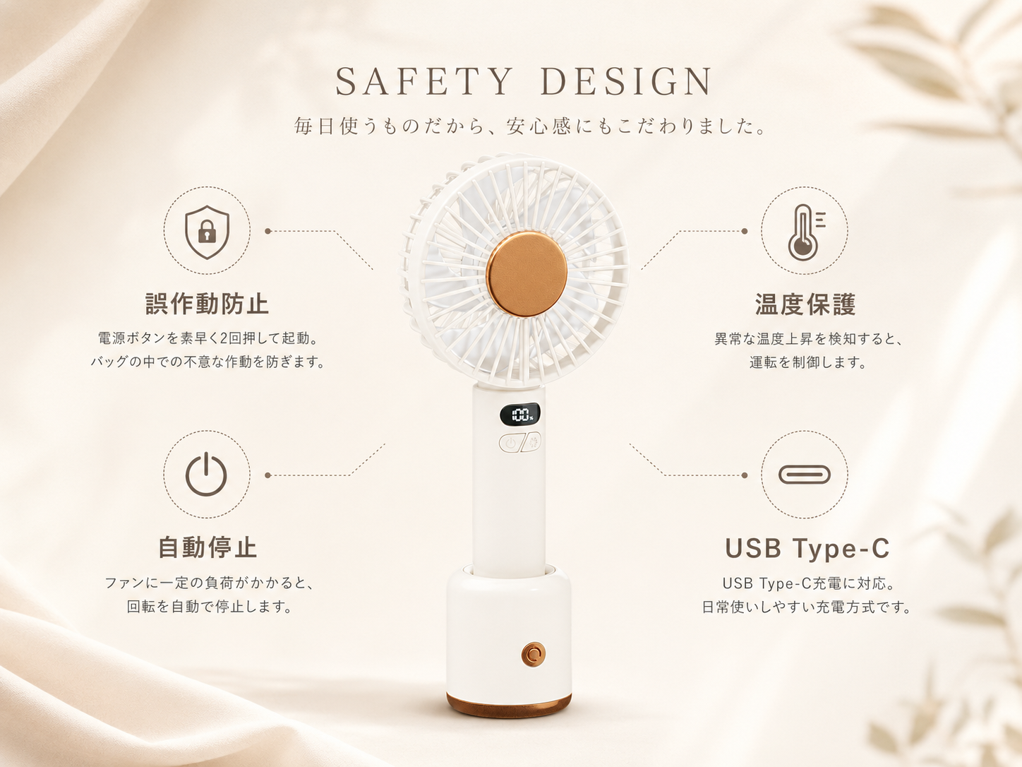 RICH FAN SERIESの誤作動防止、自動停止、温度保護、USB Type-Cを紹介する安全設計イメージ